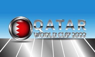 illustration of Qatar flag in circle shape, Qatar Football World Cup 2022 3D Text, on silver table and blue background. vector