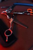 Close up view of vintage barber shop tools that lying down on the table photo