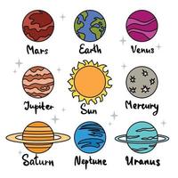 conjunto de lindos planetas de colores del sistema solar en estilo de fideos con texto vector