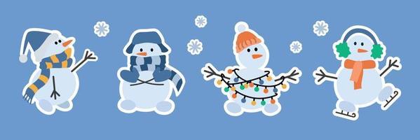 Set of stickers cute snowmen in a hat and scarf, with a garland and on skates vector