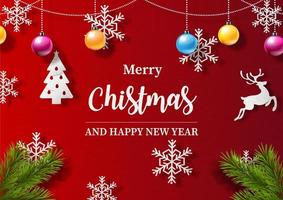 objetos navideños con letras navideñas y hojas de pino decoradas con fondo rojo. hermosa tarjeta de felicitación navideña en diseño vectorial. vector