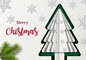 Closeup and crop single pine tree in layer paper cut style with snowflakes, Pine branches and MERRY CHRISTMAS texts on paper pattern and white background. Christmas greeting card in vector design.