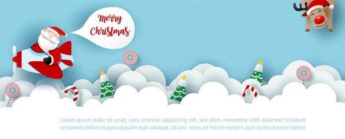 santa cruse conduciendo un avión de hélice con objetos de símbolo navideño en nube blanca y renos sobre fondo azul. tarjeta de felicitación navideña en estilo de corte de papel y diseño de banner vectorial. vector