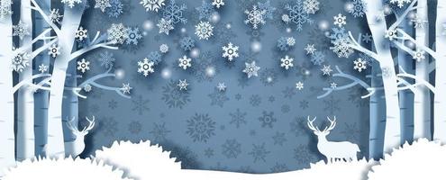 primer plano y cosecha temporada de invierno de bosque de pinos con ciervos, espacio para textos sobre patrón de copos de nieve de silueta y fondo azul. tarjeta de felicitación de navidad en estilo de corte de papel y diseño de vector de banner.