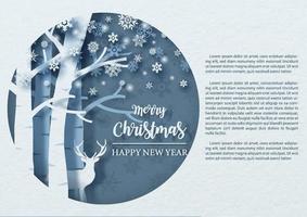 Closeup and crop winter season of pine forest with deer on silhouette snow flake pattern in circle and and blue background. Christmas greeting card in paper cut style and banner vector design.