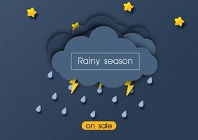 Storms rainy clouds in paper cut style with on sale yellow banner and Rainy season lettering on paper pattern background. Web banner and business poster in vector design.