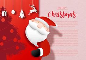 Closeup and crop Santa with example texts and symbol objects of Christmas holiday hang on silhouette a half of Christmas tree and pink, red background. Christmas greeting card in vector design.