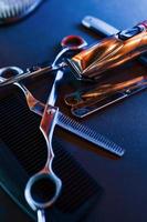 Close up view of vintage barber shop tools that lying down on the table