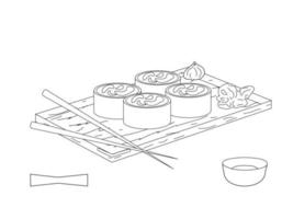 Coloring page Sushis rolls, wooden board with chopsticks, soya souse. Asian food Vector illustration