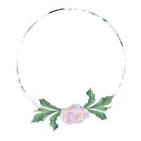 Watercolor circle frame arrangement with hand drawn delicate pink peony flowers, buds and leaves. Isolated on white background. For invitations, wedding, love or greeting cards, paper, print, textile vector