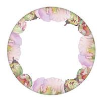 Watercolor circle frame arrangement with hand drawn delicate pink peony flowers, buds and leaves. Isolated on white background. For invitations, wedding, love or greeting cards, paper, print, textile vector