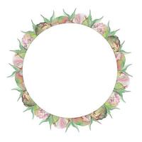 Watercolor circle frame arrangement with hand drawn delicate pink peony flowers, buds and leaves. Isolated on white background. For invitations, wedding, love or greeting cards, paper, print, textile vector