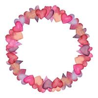 Watercolor hand drawn wreath of red, purple, pink and scarlet hearts for Valentine's day. Isolated on white background. Design for paper, love and greeting cards, textile, print, wallpaper, wedding vector