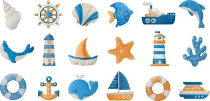 Watercolor marine set. Hand drawn illustration isolated on white background. vector