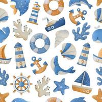 Nautical seamless pattern. Hand drawn watercolor marine baby background for nursery print, kids fabric, textile.