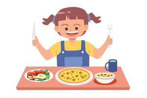 Little girl eating lots of food vector