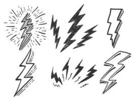 Set of electric lightning, thunder bolt in doodle style. isolated on white background. vector illustration