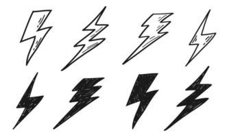 Set of electric lightning, thunder bolt in doodle style. isolated on white background. vector illustration