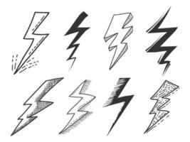 conjunto de relámpagos eléctricos dibujados a mano. doodle trueno y tormenta. aislado sobre fondo blanco. ilustración vectorial vector