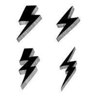 Set of electric lightning, thunder bolt in doodle style. isolated on white background. vector illustration