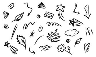 hand drawn set of abstract doodle elements with plant, star, swirl, swoosh, scribble, arrow, text emphasis. isolated on white background. vector illustration