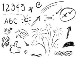 hand drawn set of abstract doodle elements. with fireworks, number, star, swirl, swoosh, scribble, arrow, text emphasis. isolated on white background. vector illustration