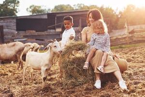 Young mother with her daughter is on the farm at summertime with goats photo