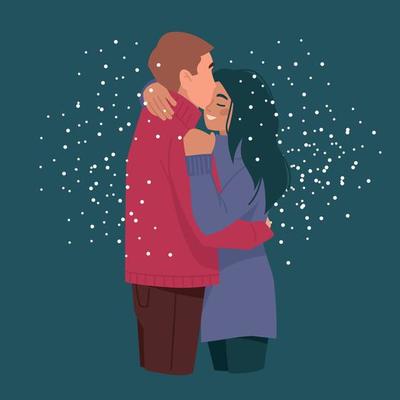 The lovers embrace and kiss. Man and woman in winter clothes. Romance, hugs.  Vector image. 15295667 Vector Art at Vecteezy