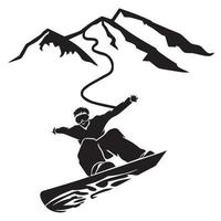 Person riding snowboard. Snowboarder in action vector illustration. Extreme winter sports. Snowboarding emblem. Sport club logo. Snowboarding equipment.
