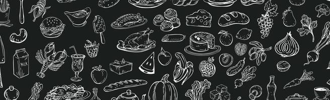 Farmer's market panoramic background with line icons. Fruits, vegetables, eggs, meat and fish - Vector