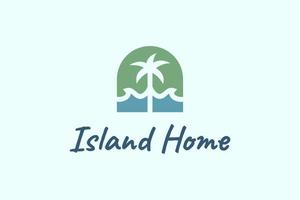 property and apartment on island with ocean waves and palm tree suitable for real estate logo vector