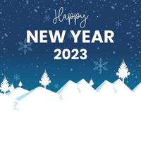 Happy new year 2023 square template with snow mountain and snowflakes falling from the sky vector