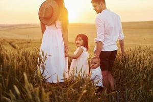 View from behind. Family of four people spending free time on the field at sunny day time of summer photo