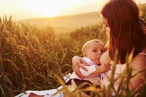 Happy mother breastfeeding her son on the field at sunny day time of summer photo