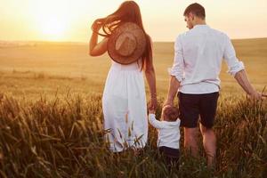 Mother and father with their son spending free time on the field at sunny day time of summer. View from behind photo