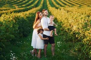 Father, mother with daughter and son spending free time outdoors at sunny day time of summer photo