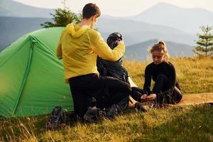 People discovering new lands. Majestic Carpathian Mountains. Beautiful landscape of untouched nature photo