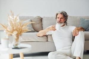 Having free time. Senior stylish modern man with grey hair and beard indoors photo