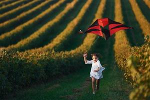 Active little girl in white clothes running with red kite on the field photo