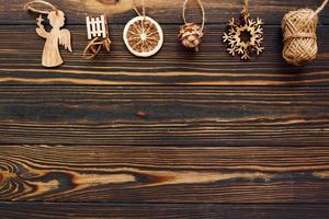 Wooden toys. Top view of christmas festive texture with new year decorations photo