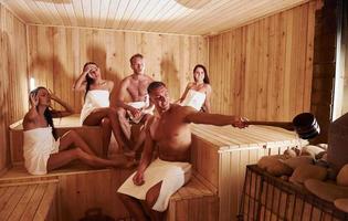 Group of young people together in sauna. Conception of vacation and weekend photo