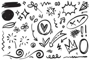flechas abstractas, cintas, fuegos artificiales, corazones, relámpagos, amor, hojas, estrellas, conos, coronas y otros elementos en un estilo dibujado a mano para diseños conceptuales. ilustración de garabatos. vector