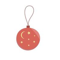 An image of a red-orange Christmas ball on a string with stars and the moon. Vector illustration for winter holiday theme