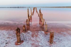 obstáculos de madera en el mar de la isla de jarilgach, ucrania. durante el día foto