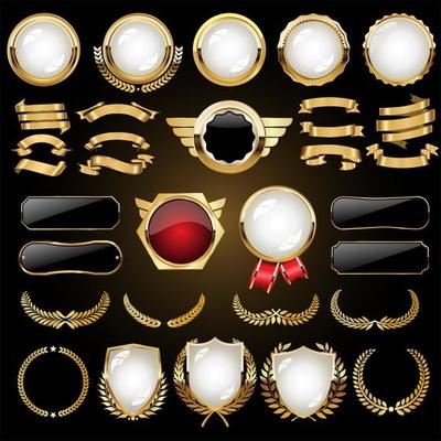 Golden luxury empty collection of various badges and labels