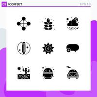 Mobile Interface Solid Glyph Set of 9 Pictograms of chat energy sun solar pencil Editable Vector Design Elements