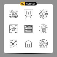 9 Black Icon Pack Outline Symbols Signs for Responsive designs on white background 9 Icons Set Creative Black Icon vector background