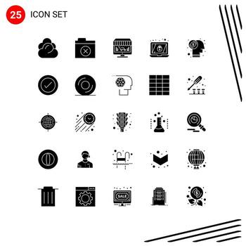 Set of 25 Vector Solid Glyphs on Grid for dollar brain online lock encryption Editable Vector Design Elements