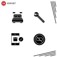 Mobile Interface Solid Glyph Set of 4 Pictograms of home application bed tool delivery Editable Vector Design Elements