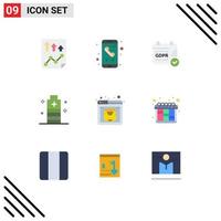 Mobile Interface Flat Color Set of 9 Pictograms of safe essential phone energy calendar Editable Vector Design Elements